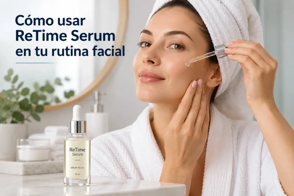 Mujer aplicando un sérum facial con gotero durante su rutina de cuidado de la piel, junto a un frasco de ReTime Serum.