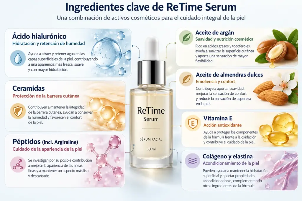 Infografía de los ingredientes de ReTime Serum y sus funciones cosméticas: hidratación, barrera cutánea, suavidad y acondicionamiento.