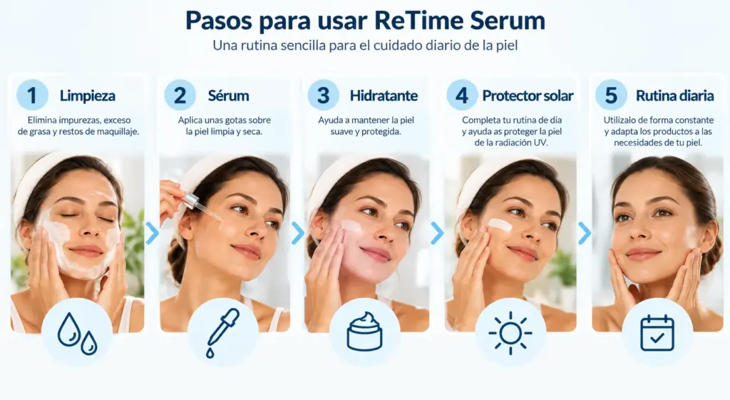 Infografía de cinco pasos para usar ReTime Serum: limpieza facial, aplicación del sérum, crema hidratante, protector solar y rutina constante.
