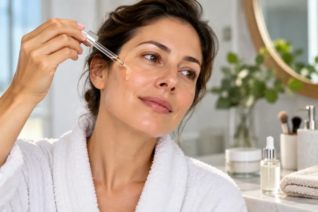 Mujer aplicando un sérum facial con gotero durante su rutina de cuidado de la piel