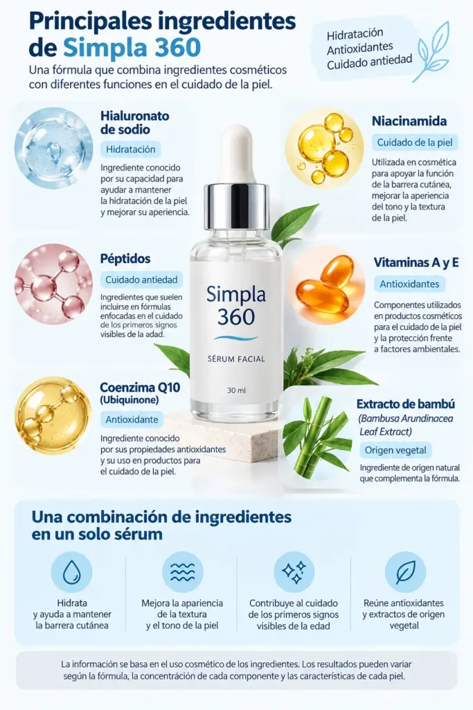Infografía de los ingredientes de Simpla 360: niacinamida, ácido hialurónico, péptidos, vitaminas, coenzima Q10 y bambú