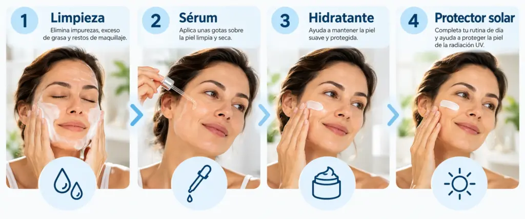 Rutina facial de día en cuatro pasos: limpieza, sérum, crema hidratante y protector solar