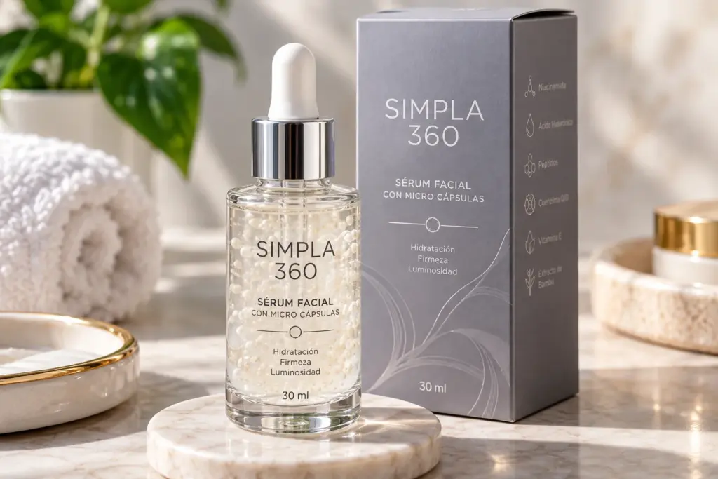 Simpla 360 México: frasco de sérum facial de 30 ml junto a su caja
